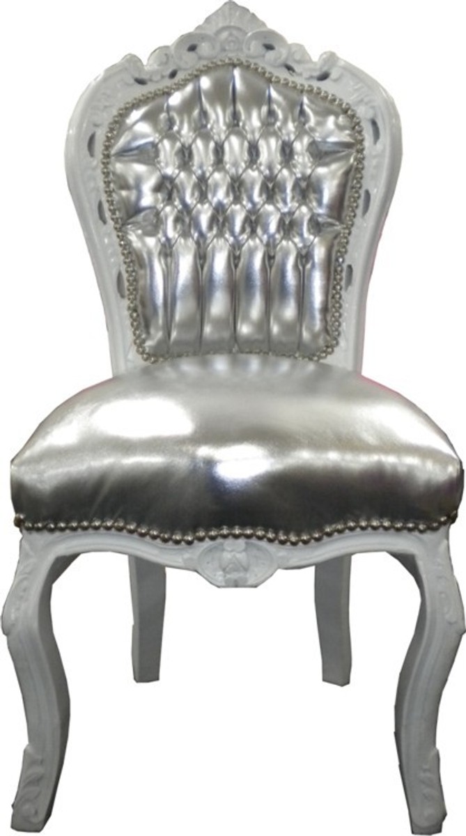 Dîner Casa Padrino baroque Chaise aspect cuir argent / blanc Dîner Casa Padrino baroque Chaise aspect cuir argent / blanc