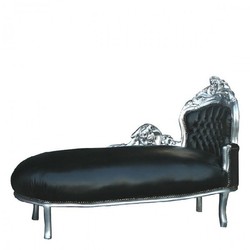 Casa Padrino Chaise Longue Baroque King en Aspect Cuir Noir et Argent, Longueur 155 cm, Largeur 70 cm, Hauteur 100 cm