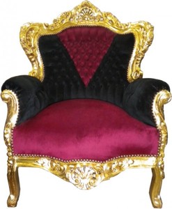 Casa Padrino Sillón Barroco King en Estilo Antiguo, Tela de Terciopelo Negro Rojo y Oro, 120 x 85 x 85 cm
