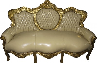 Casa Padrino Barock Sofa Garnitur Creme / Gold Lederoptik mit Bling Bling Glitzersteinen 184 x 81 x 125 cm Casa Padrino Barock Sofa Garnitur Creme / Gold Lederoptik mit Bling Bling Glitzersteinen 184 x 81 x 125 cm