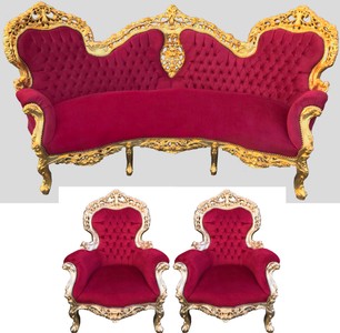 Divano barocco set motivo bordeaux / oro + 2 poltrone - soggiorno barocco