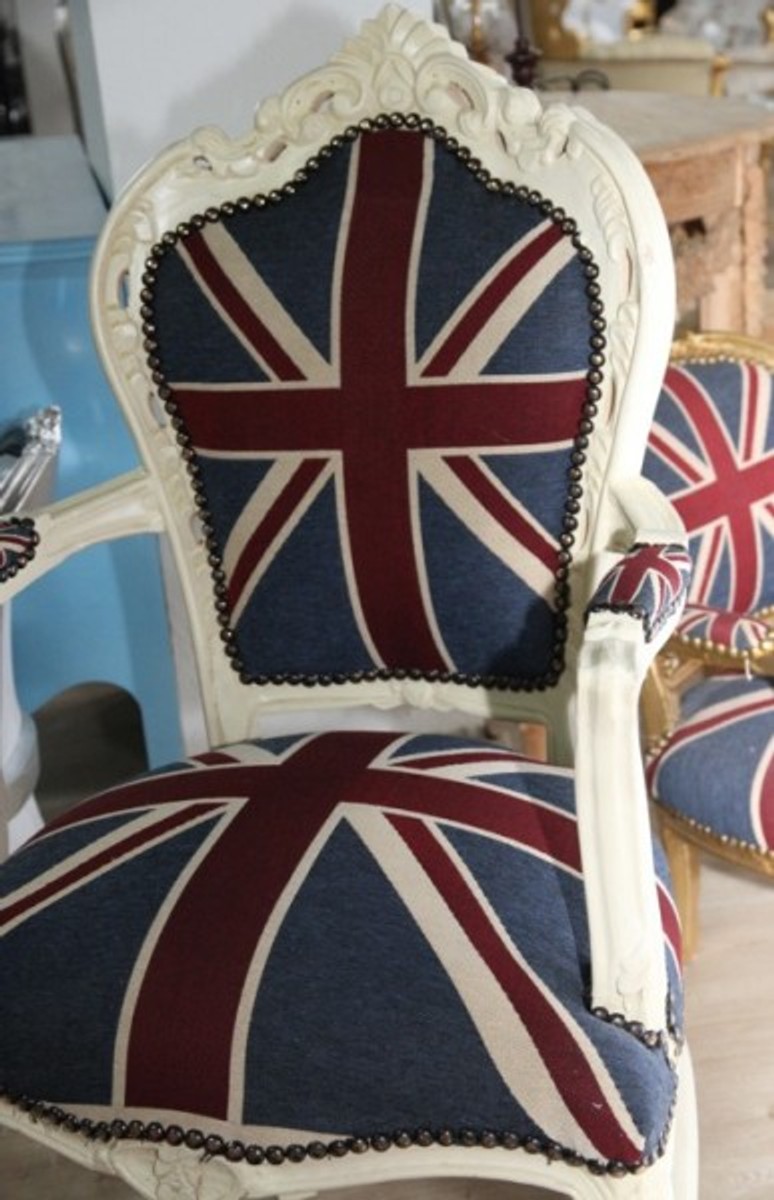 Union Jack Armlehn Stuhl Esszimmer Stuhl mit Aarmlehnen England Englische Flagge Armlehner Dining Chair with Armrests Cream White Creme Weiß Union Jack Armlehn Stuhl Esszimmer Stuhl mit Aarmlehnen England Englische Flagge Armlehner Dining Chair with Armrests Cream White Creme Weiß