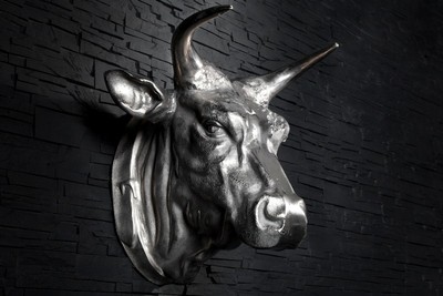 Casa Padrino Designer Tête de Taureau Torero Sculpture en Aluminium Nickelé Argent 53 x 63 x 53 cm
