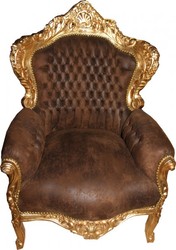 Casa Padrino Baroque Armchair in Antique Style, Brown Leather Look with Gold, 120 x 85 x 85 cm Casa Padrino Baroque Armchair in Antique Style, Brown Leather Look with Gold, 120 x 85 x 85 cm