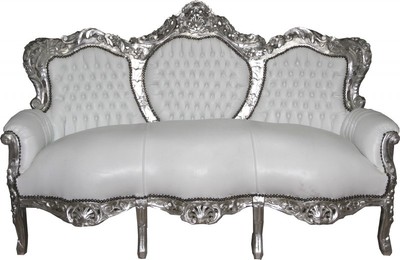 Casa Padrino Barock 3er Sofa King Weiß / Silber 184 x 81 x 125 cm - Luxus Wohnzimmer Möbel Casa Padrino Barock 3er Sofa King Weiß / Silber 184 x 81 x 125 cm - Luxus Wohnzimmer Möbel