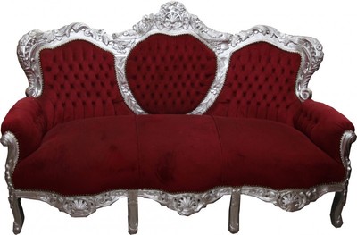 Casa Padrino Barock Sofa Garnitur King im Antik Stil, Bordeaux / Silber, Breite 184 cm Casa Padrino Barock Sofa Garnitur King im Antik Stil, Bordeaux / Silber, Breite 184 cm