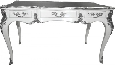 Casa Padrino Luxus Barock Schreibtisch Sekretär in Weiß Hochglanz mit Silber Applikationen 140 x 77 x 81 cm