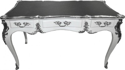Casa Padrino Luxury Baroque Desk Secretary White High Gloss with Silver Applications 140 x 77 x 81 cm Casa Padrino Luxury Baroque Desk Secretary White High Gloss with Silver Applications 140 x 77 x 81 cm