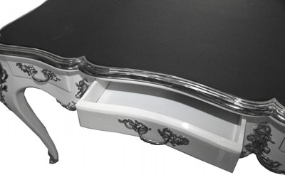 Casa Padrino Luxus Barock Schreibtisch Sekretär in Weiß Hochglanz mit Silber Applikationen 140 x 77 x 81 cm