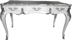 Casa Padrino Luxury Baroque Desk Secretary White High Gloss with Silver Applications 140 x 77 x 81 cm Casa Padrino Luxury Baroque Desk Secretary White High Gloss with Silver Applications 140 x 77 x 81 cm