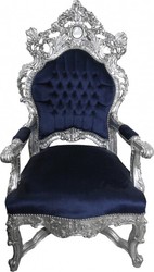 Casa Padrino Baroque Throne Armchair Royal Blue / Silver - Handmade Antique Style Royal Chair, 141 x 80 x 78 cm