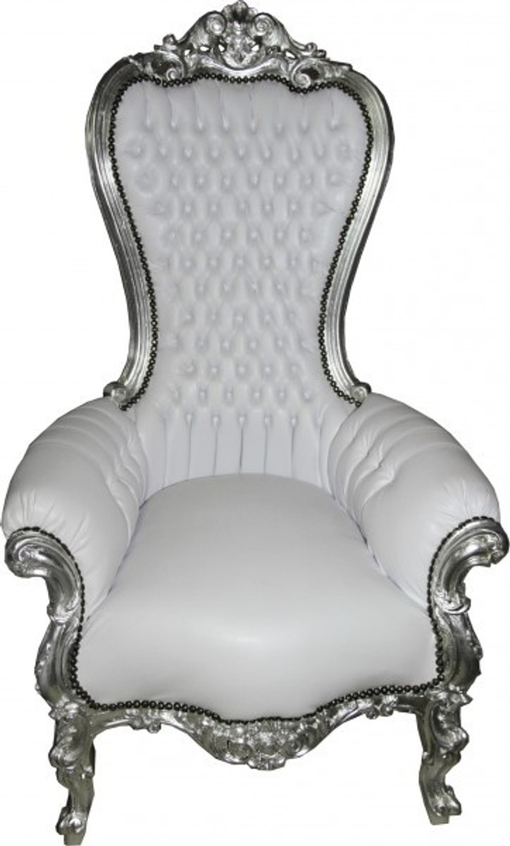 Casa Padrino baroque throne Majestic Medium White Leather Look / Silver - Giant Chair - chair throne Tron Casa Padrino baroque throne Majestic Medium White Leather Look / Silver - Giant Chair - chair throne Tron