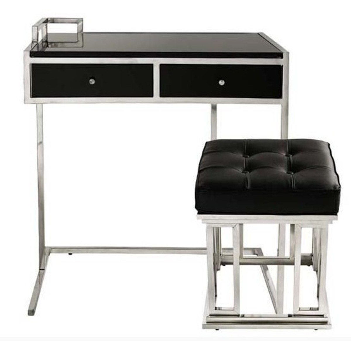 Casa Padrino console table with drawers Black / Silver, including leather stools Manhattan - Console Table - Console Secretary - Telephone table Casa Padrino console table with drawers Black / Silver, including leather stools Manhattan - Console Table - Console Secretary - Telephone table