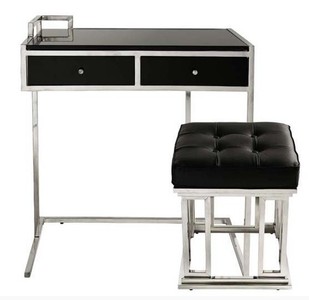 Casa Padrino Console Table with Drawers Black / Silver incl. Leather Stool Manhattan - 75 x 45 x 80 cm Casa Padrino Console Table with Drawers Black / Silver incl. Leather Stool Manhattan - 75 x 45 x 80 cm