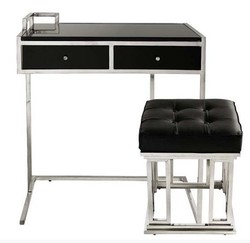 Casa Padrino Table console avec tiroirs Noir / Argent incl. Tabouret en cuir Manhattan - 75 x 45 x 80 cm