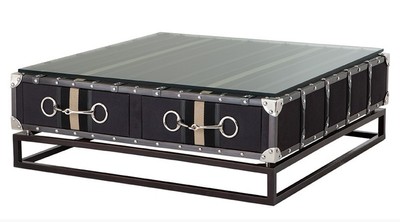 Casa Padrino Luxury Coffee Table in Vintage Suitcase Design with Horsebit Appliqués Dark Grey 90 x 90 cm Casa Padrino Luxury Coffee Table in Vintage Suitcase Design with Horsebit Appliqués Dark Grey 90 x 90 cm