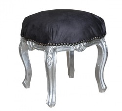 Casa Padrino Taburete Barroco en Negro y Plata, Mueble de Lujo Artesanal Estilo Antiguo, Altura 40cm, Ancho 35cm
