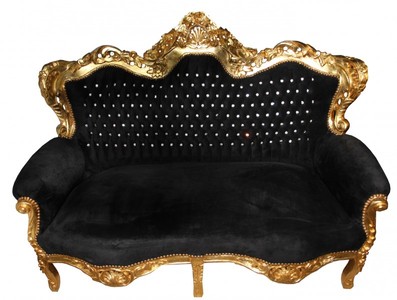 Casa Padrino Divano barocco 2 posti Master Nero / Oro con strass Bling Bling, Larghezza 150 cm Casa Padrino Divano barocco 2 posti Master Nero / Oro con strass Bling Bling, Larghezza 150 cm
