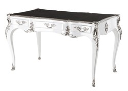 Casa Padrino Luxury Baroque Desk in High Gloss White with Silver Applications and Leather Look, 140 x 80 x 81 cm Casa Padrino Luxury Baroque Desk in High Gloss White with Silver Applications and Leather Look, 140 x 80 x 81 cm