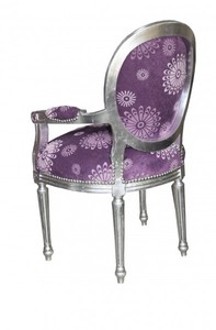 Casa Padrino Luxus Barock Salon Stuhl Lila Blumen Muster / Silber  Mod2 Rund Möbel