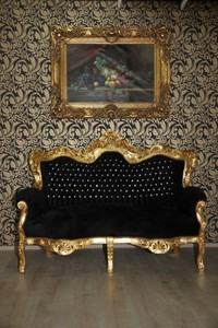 Casa Padrino Barock 2er Sofa Master Schwarz / Gold mit Bling Bling Glitzersteinen, 150 x 60 x 135 cm