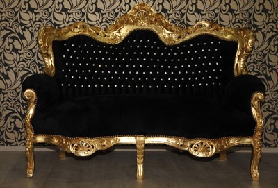Casa Padrino Barock 2er Sofa Master Schwarz / Gold mit Bling Bling Glitzersteinen, 150 x 60 x 135 cm