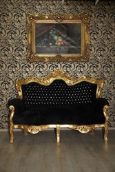 Casa Padrino Divano barocco 2 posti Master Nero / Oro con pietre glitter Bling Bling, 150 x 60 x 135 cm Casa Padrino Divano barocco 2 posti Master Nero / Oro con pietre glitter Bling Bling, 150 x 60 x 135 cm
