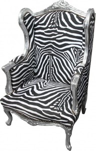 Casa Padrino Barock Lounge Thron Sessel Zebra / Silber, Ohrensessel, handgearbeitet, Höhe 110 cm, Breite 83 cm, Tiefe 83 cm Casa Padrino Barock Lounge Thron Sessel Zebra / Silber, Ohrensessel, handgearbeitet, Höhe 110 cm, Breite 83 cm, Tiefe 83 cm