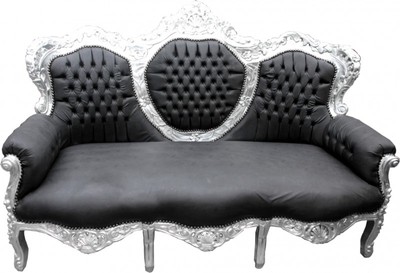 Casa Padrino Divano 3 posti Barocco King Similpelle Nero / Argento - Mobile di Lusso in Legno Massello 184 cm Casa Padrino Divano 3 posti Barocco King Similpelle Nero / Argento - Mobile di Lusso in Legno Massello 184 cm