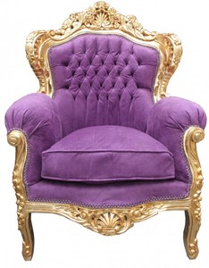 Casa Padrino Baroque Armchair King Model 2 in Purple and Gold - Solid Wood Luxury Antique Style Furniture - 116 x 85 x 60 cm Casa Padrino Baroque Armchair King Model 2 in Purple and Gold - Solid Wood Luxury Antique Style Furniture - 116 x 85 x 60 cm