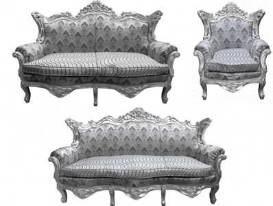Casa Padrino Juego de salón barroco con patrón gris y plata - Sofá 3 plazas, sofá 2 plazas y 1 sillón Casa Padrino Juego de salón barroco con patrón gris y plata - Sofá 3 plazas, sofá 2 plazas y 1 sillón