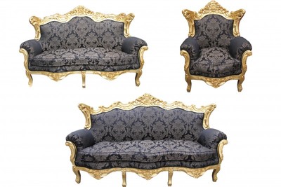 Casa Padrino Barock Wohnzimmer Set in Schwarz mit Muster und Gold, 3er Sofa, 2er Sofa und 1 Sessel Casa Padrino Barock Wohnzimmer Set in Schwarz mit Muster und Gold, 3er Sofa, 2er Sofa und 1 Sessel
