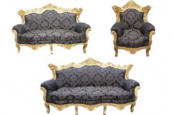 Casa Padrino Baroque Living Room Set in Black Pattern/Gold, 3-Seater Sofa, 2-Seater Sofa and 1 Armchair Casa Padrino Baroque Living Room Set in Black Pattern/Gold, 3-Seater Sofa, 2-Seater Sofa and 1 Armchair