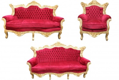 Casa Padrino Set de Salón Barroco Burdeos / Oro - Sofá 3 plazas, Sofá 2 plazas y 1 Sillón - 210/182/85 cm