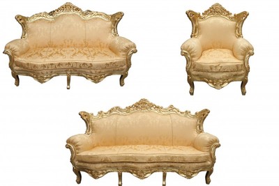 Casa Padrino Barock Wohnzimmer Set Gold Blumen Muster / Gold - 3er Sofa, 2er Sofa, Sessel Casa Padrino Barock Wohnzimmer Set Gold Blumen Muster / Gold - 3er Sofa, 2er Sofa, Sessel