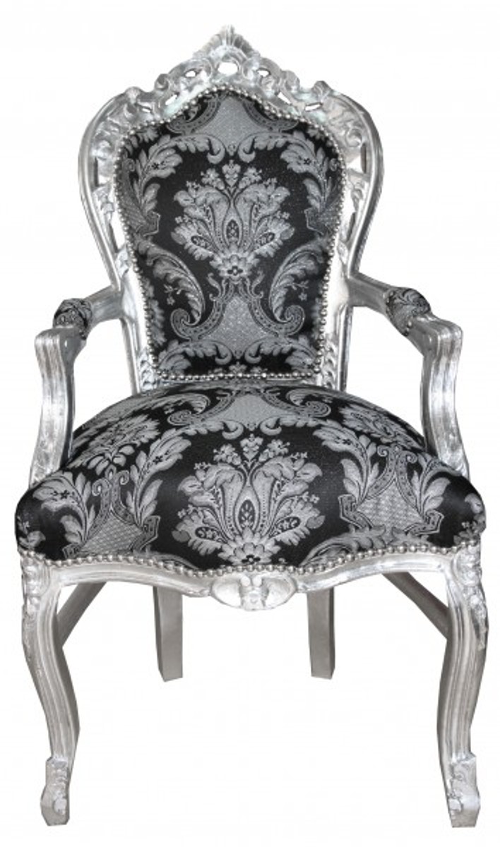 Cena Casa Padrino barroco con apoyabrazos Negro Patrón / Plata - Muebles antiguos Cena Casa Padrino barroco con apoyabrazos Negro Patrón / Plata - Muebles antiguos