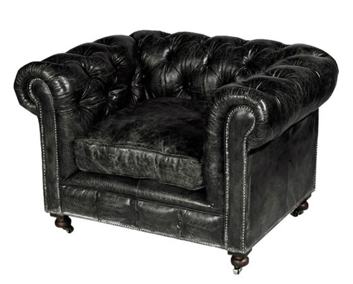 Casa Padrino Chesterfield Luxury Real leather chair Vintage Black Leather Kensington - Club Chairs Casa Padrino Chesterfield Luxury Real leather chair Vintage Black Leather Kensington - Club Chairs