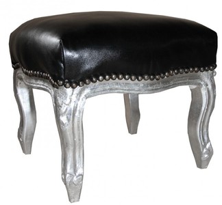 Casa Padrino baroque ottoman black leather look / Silver Casa Padrino baroque ottoman black leather look / Silver