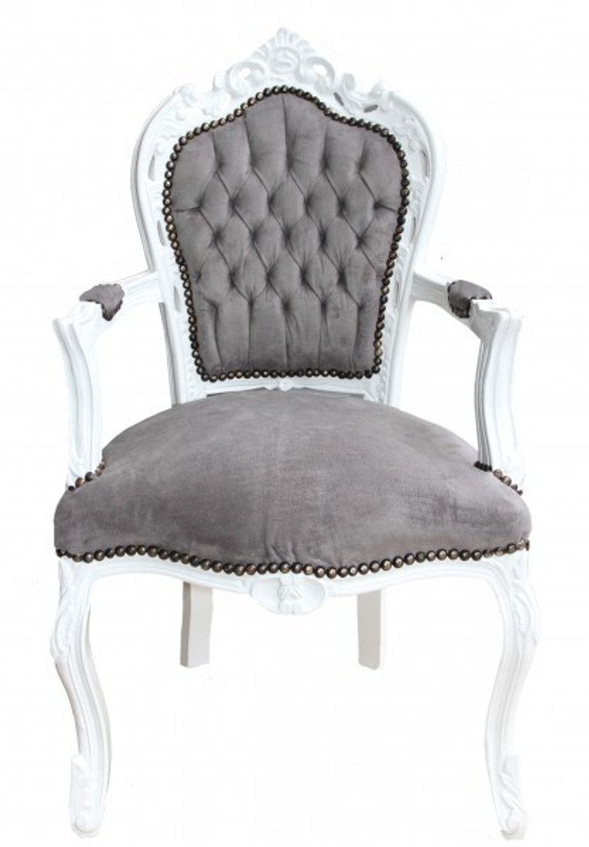 Casa Padrino Baroque Dinner Chair with armrests Grey / White Casa Padrino Baroque Dinner Chair with armrests Grey / White