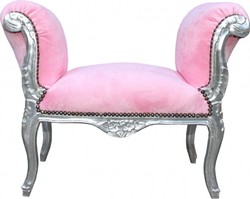 Casa Padrino Barock Schemel Hellrosa Rosa Babyrosa Silber Baroque Antique Ottoman Stool Light Rose Babyrose Silver Furniture Antik Stil Möbel Interior