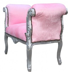 Casa Padrino Barock Schemel Hellrosa Rosa Babyrosa Silber Baroque Antique Ottoman Stool Light Rose Babyrose Silver Furniture Antik Stil Möbel Interior