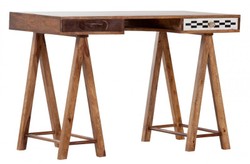 Casa Padrino Schreibtisch Sekretär aus Mangoholz, verziert mit Fell und Mosaik, naturholz gebeizt, 120 x 63 x 80 cm