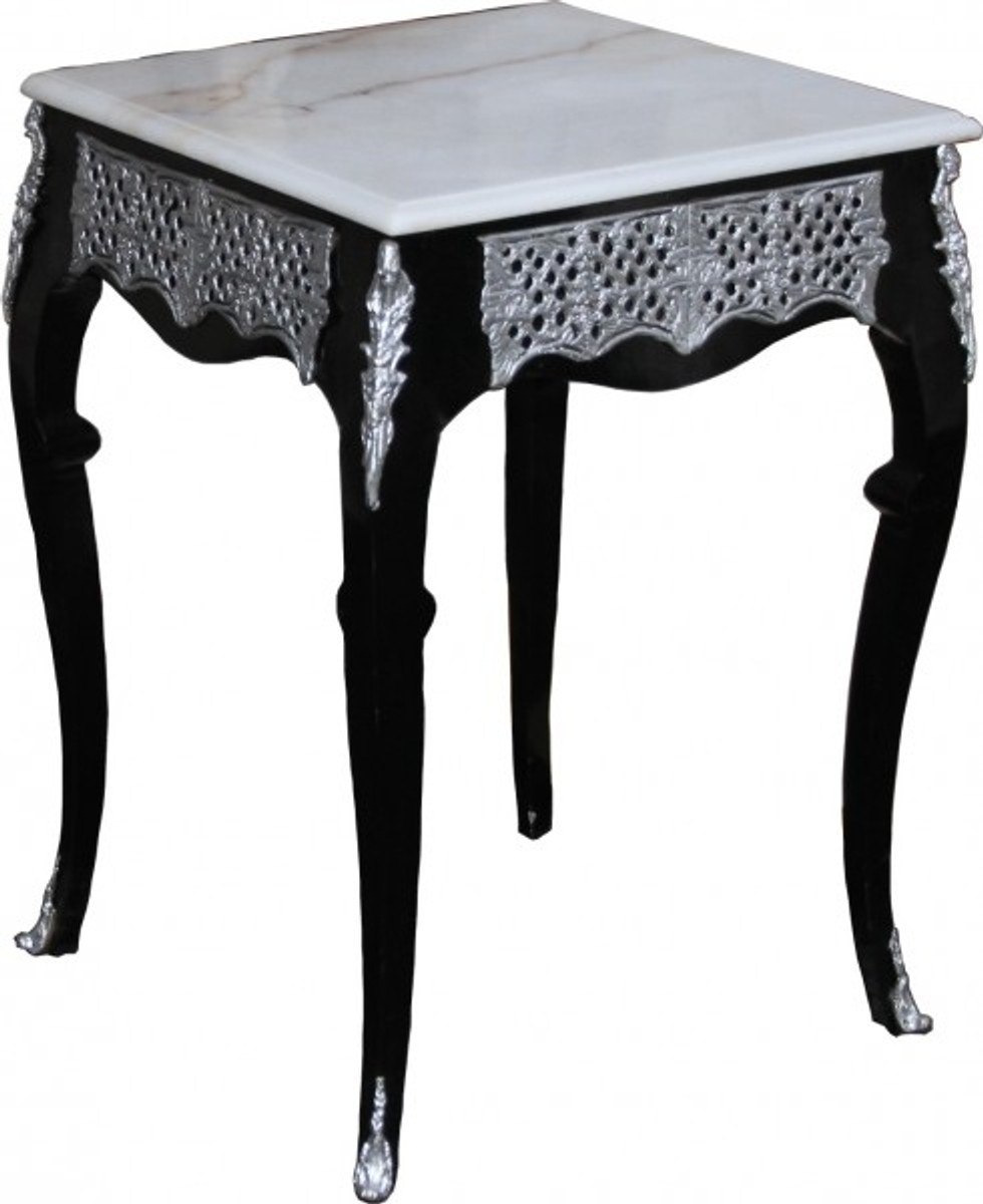 Casa Padrino Baroque side table with marble top height 80 cm, width 55 cm, Black / White / Silver - Antique style Casa Padrino Baroque side table with marble top height 80 cm, width 55 cm, Black / White / Silver - Antique style