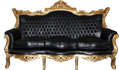 Casa Padrino Canapé Baroque 3 Places Master Noir / Or Simili-Cuir, Largeur 210 cm, Meuble de Salon de Luxe Casa Padrino Canapé Baroque 3 Places Master Noir / Or Simili-Cuir, Largeur 210 cm, Meuble de Salon de Luxe