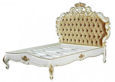 Casa Padrino Cama Barroca Venice Superior Blanco / Oro de madera de caoba maciza y tela de terciopelo 180 x 200 cm Casa Padrino Cama Barroca Venice Superior Blanco / Oro de madera de caoba maciza y tela de terciopelo 180 x 200 cm