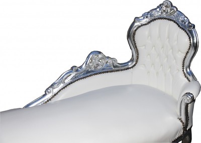 Casa Padrino Barock Chaiselongue King in Weiß und Silber aus Massivholz, 155 x 70 x 100 cm