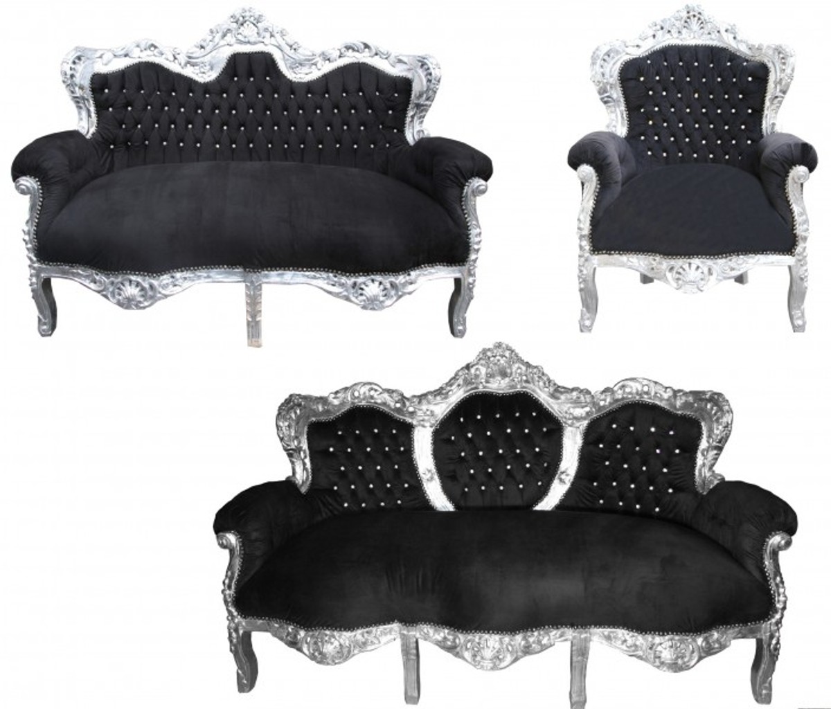 Casa Padrino Baroque living room "King" Black / Silver - 3 seater sofa and 2 seater sofa + 1 armchair Casa Padrino Baroque living room "King" Black / Silver - 3 seater sofa and 2 seater sofa + 1 armchair