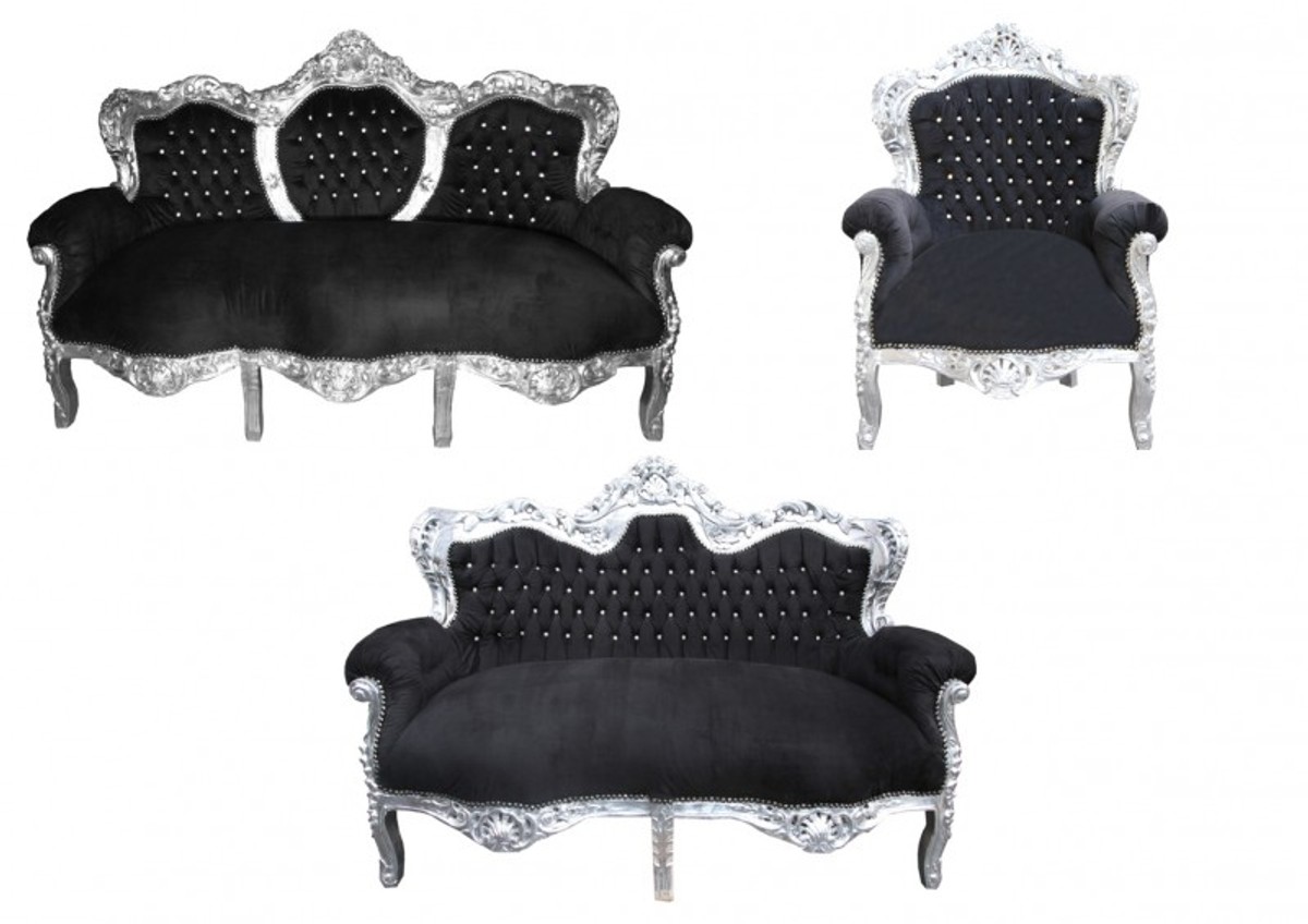 Casa Padrino Baroque living room "King" Black / Silver - 3 seater sofa and 2 seater sofa + 1 armchair Casa Padrino Baroque living room "King" Black / Silver - 3 seater sofa and 2 seater sofa + 1 armchair