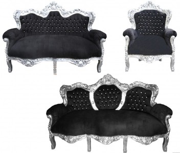 Casa Padrino Set soggiorno barocco King Nero / Argento - Divano 3 posti, divano 2 posti e 1 poltrona Casa Padrino Set soggiorno barocco King Nero / Argento - Divano 3 posti, divano 2 posti e 1 poltrona