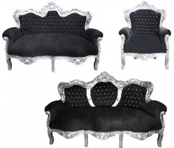 Casa Padrino Baroque Living Room Set King Black / Silver - 3-Seater Sofa, 2-Seater Sofa and 1 Armchair Casa Padrino Baroque Living Room Set King Black / Silver - 3-Seater Sofa, 2-Seater Sofa and 1 Armchair